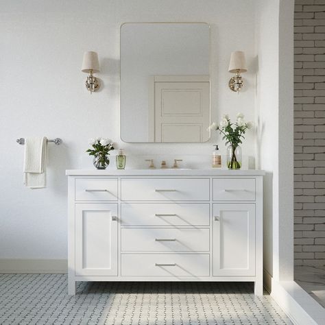 Ariel Bath Bristol 55'' Free Standing Single Bathroom Vanity with Quartz Top & Reviews | Wayfair Cultured Marble Vanity Top, Quartz Vanity Tops, Vanity Room, White Quartz Countertop, Marble Vanity Tops, Transitional Bathroom Vanities, White Vanity, Bathroom Vanities For Sale, Bathroom Vanity Set