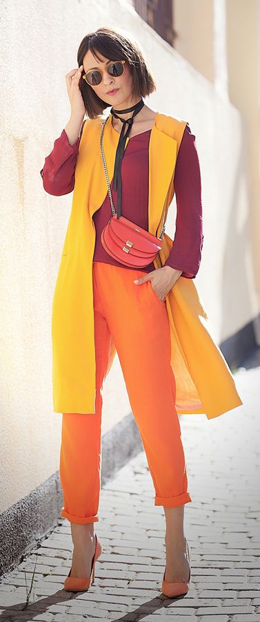 orange colors outfit | zara orange waistcoat | colorblock | street style | spring outfit ideas | track pants | chloe georgia bag | Skirts Fall, Colour Combinations Fashion, Color Blocking Outfits, Giovanna Battaglia, Orange Pants, Fashion Skirts, Anna Dello Russo, Orange Outfit, Womens Fashion Casual Spring