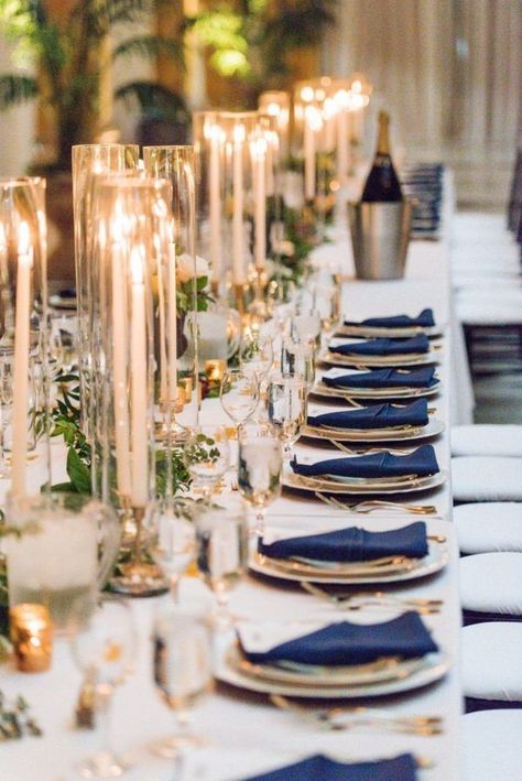 Midnight Blue Wedding, Classic Blue Wedding, Navy Gold Wedding, Navy Blue And Gold Wedding, Blue Wedding Decorations, Blue Gold Wedding, Gold Wedding Colors, Rustic Wedding Decorations, Tafel Decor