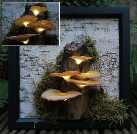 Room Box Miniatures, Yellow Mushroom, Mushroom Crafts, Driftwood Lamp, Wood Bark, Mushroom Lights, Mood Lights, Barbie Kitchen, Upcycled Home Decor