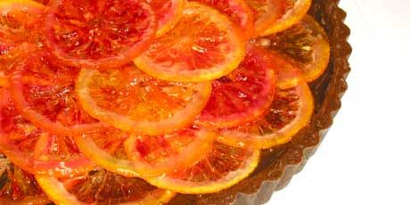 Chocolate Blood Orange Tart Recipes | Food Network Canada Mandoline Slicer Recipes, Mandolin Recipes, Orange Tart Recipe, Orange Tart, Candied Orange Slices, Anna Olson, Tart Filling, Navel Oranges, Food Slicer