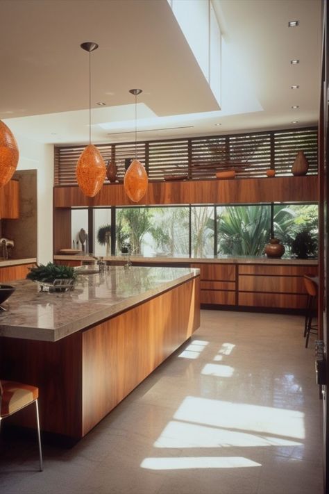 Kitchen Design 70s, Kitchen 70s Modern, Mid Century Modern House Kitchen, Mid Century Modern Interiors Kitchen, 70s Kitchen Aesthetic Modern, Kitchen 70s Style, Big Chill Appliances Dream Kitchens, 70s Interior Design Kitchen, Kitchen Design Mid Century Modern