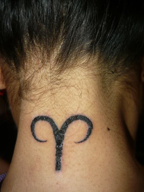 cool neck tattoo Aries Hand Tattoo, Behind The Neck Tattoos, Aries Tattoo Designs, Aries Tattoo Ideas, Tattoos Neck, Horoscope Tattoos, Neck Tattoos Women, Back Of Neck Tattoo, Aries Tattoo