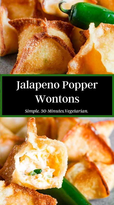 Perfect for game day, jalapeno popper wontons are a simple appetizer requiring just a handful of ingredients and little effort. Air fryer instructions included! #wontonjalapenopoppers #jalapenopopperwontons #wontonwrapperrecipes #wontonrecipes #gamedayrecipes Jalepeno Wonton Popper, Jalepeno Popper Eggrolls, Won Ton Jalapeño Poppers, Jalapeno Popper Wontons Air Fryer, Eggroll Recipe Air Fryer, Jalepeno Poppers Wontons, Jalapeño Popper Wontons, Desert Wontons, Jalapeño Wontons