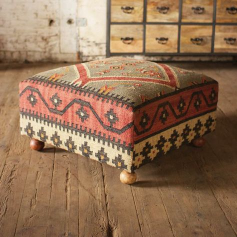 Ottoman Adoration: 12 Places to Put Up Your Feet via Brit + Co. Ottoman Inspiration, Printed Ottoman, Bohemian Ottoman, Gorgeous Homes, Kilim Design, Kilim Ottoman, Ottoman Design, Rug Ideas, Vintage Soul