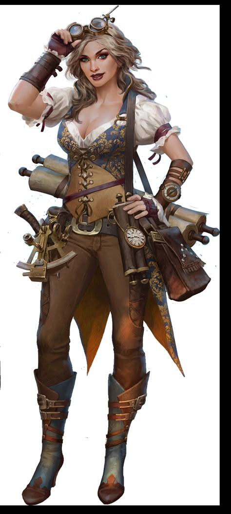 Dnd Charlatan, Tinkerer Character Design, Dnd Tinkerer, Inventor Rpg, Steampunk Tinkerer, Cartographer Character, Treasure Hunter Character Design, Fantasy Engineer, Steampunk Female Character