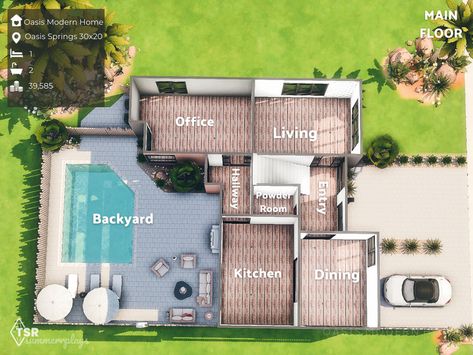 The Sims Resource - Oasis Modern Couple Home Sims 4 Modern House With Pool, Sims4 Oasis Springs House, Oasis Spring House Sims 4, Sims 4 Oasis Springs Build, Oasis Springs Modern House Sims 4, Couple Home, Cozy Winter Cabin, Cc Mods, Backyard Kitchen