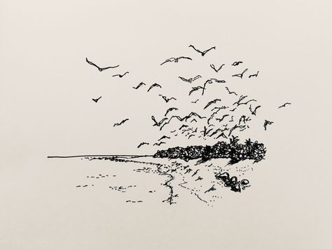 Pen drawing of a beach Drawing Of A Beach, Crowded Beach, Bird Sketch, Bird Migration, Pen Sketch, Alcohol Ink Art, Bird Drawings, Ink Pen Drawings, Pen Drawing