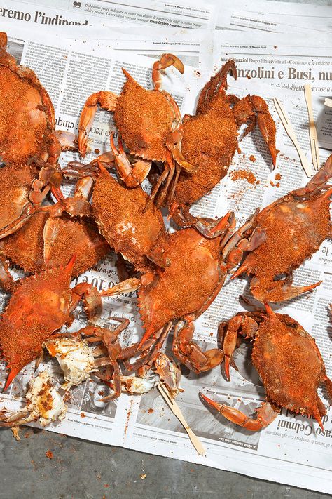 NYT Cooking: For steamed crabs, that beach-town summer standby, the Chesapeake catechism teaches plenty: buy more crabs than you think you need, use more spice, a larger pot. Get wooden mallets. Prepare to eat for a while.<br/><br/>If you don’t have a crab pot, and most of us don’t, fiddle with the largest stockpot or pasta boiler you have. Set a few clean, empty metal cans upside%... Blue Crab Recipes, Crab Pot, Crab Sandwich, Steamed Crabs, Blue Crabs, Shell Fish, Soft Shell Crab, Summer Cookout, Slow Cooker Pasta