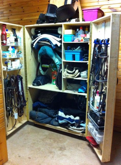 Ideas for what is needed for compartments for this overpacked tack armoire. #equestrianequipmenttack Tack Armoire, Tack Storage, Tack Locker, Tack Room Organization, Horse Tack Rooms, Tack Trunk, Tack Box, English Horse Tack, Locker Organization