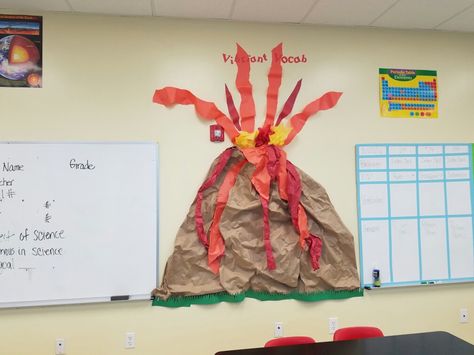 Volcano classroom decor first word wall Volcano Classroom Decoration, Diy Volcano Decoration, Floor Is Lava Birthday Party, Lava Birthday Party, Volcano Decoration, Lava Lava Luau Vbs, Volcano Party, Collaborative Classroom, Floor Is Lava