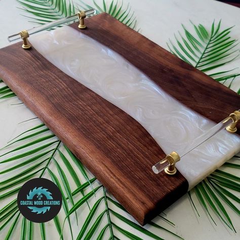 Walnut Wood with Ghost Blue Epoxy River Charcuterie Board Resin Pictures, Epoxy Charcuterie Board, Epoxy Board, Charcuterie Board Cheese, Resin Trays, Resin And Wood Diy, Woodwork Ideas, Resin Creations, Cook Book Stand