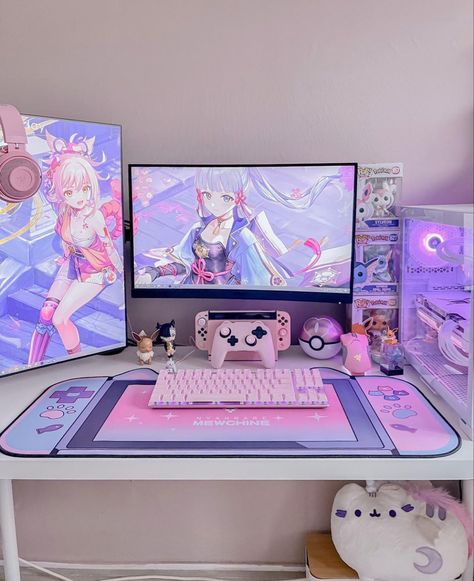 Genshin Bedroom, Anime Bedrooms, Aesthetic Desk Makeover, Desk Makeover Ideas, Game Bedroom, Kawaii Nintendo Switch, Pink Switch, Kawaii Nintendo, Pc Games Setup