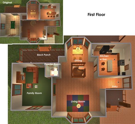 Mod The Sims - 322 Bay View Dr ~ Maxis Make-Over: Now with Basement and Carport - NO CC Ikea Home, Spiral Stairs, Apartment Life, Bay View, Game Pictures, Back Porch, Sims 2, 2 Bed, Kitchen Styling