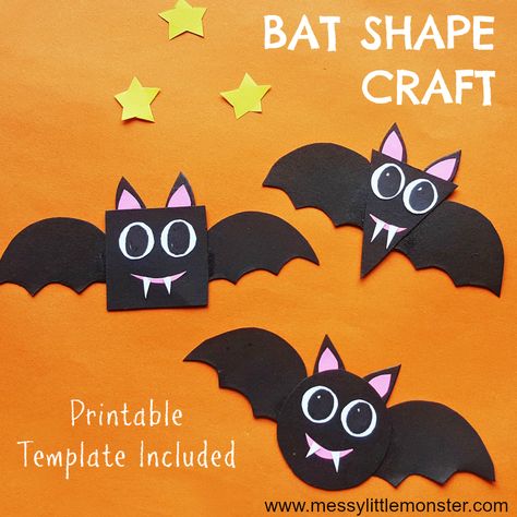 Bat craft and preschool shapes activity with bat pattern Fall Shape Craft, Shape Bats Preschool, Free Bat Pattern, Bat Craft Preschool, Bat Theme Preschool Fine Motor, Pre K Bat Crafts, Free Bat Printables Preschool, Bat Shape Craft, Bats Crafts Preschool