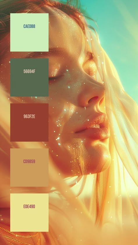 Colors:
CAEDB8
56694F
963F2E
CD9B59
EDE490 Sensual Color Palette, Ethereal Color Palette, Portrait Color Palette, Ethereal Colors, Ethereal Light, Color Design Inspiration, Hex Color Palette, Hex Color, Nature Color Palette