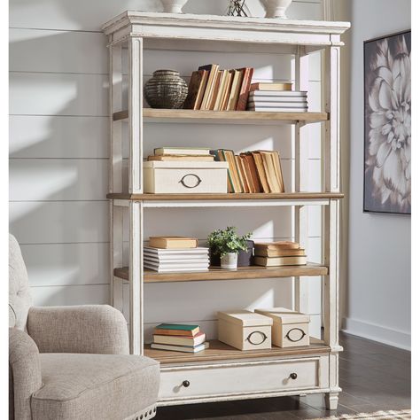 Realyn Bookcase | Bookcases & Cabinets | Furniture & Appliances | Shop The Exchange Brown Bookcase, 4 Shelf Bookcase, Traditional Cottage, Bookcase Design, Drawer Space, White Bookcase, Wooden Bookcase, Distressed Wood, Ashley Furniture