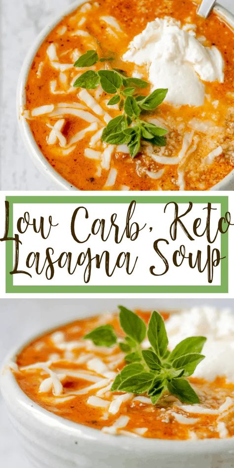 This Low Carb, Keto Lasagna Soup is features a tomato and chicken broth base with plenty of juicy Italian sausage and creamy mozzarella and parmesan cheeses. Garlic, oregano and bay leaves seal the delicious deal. Gluten free and grain free. #lasagnasoup #ketolasagna #lowcarblasagna #ketosoup #lowcarbsoup Keto Lasagna Soup, Keto Soups, Low Carb Lasagna, Keto Eating, Keto Lasagna, Boiled Egg Diet Plan, Cook Dinner, Resep Diet, Low Carb Diets