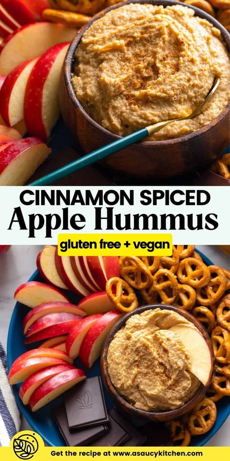 Sautéd apple slices and chickpeas coated in a deliciously cozy seasonal spice-blend, lightly sweetened then blended with peanut butter. This spiced apple hummus makes a great, healthy snack for both kids and adults! Fall Hummus Recipe, Apple Pie Hummus, Healthy Snacks Adults, Raw Apple Recipes, Apple Hummus, Hummus From Dried Chickpeas, Dessert Hummus Healthy, Sweet Hummus, Hummus Toast