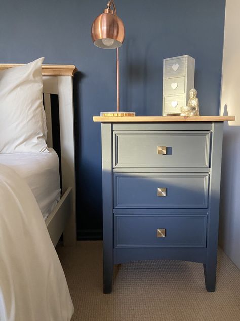 How to paint a bedside cabinet | Dream of Home Blue Painted Bedroom Furniture, Bedside Tables Upcycle, Blue Bedside Table Ideas, Painted Bed Side Tables, Bedside Table Ideas Diy Paint, Bedside Cabinet Ideas, Upcycled Furniture Bedside Table, Upcycle Bedside Cabinets, Bedside Table Blue