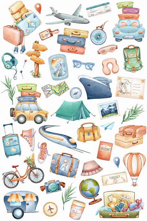 Travel Elements, Traveling Illustration, Trip Illustration, Travelling Clipart, Vacation Clipart, Travel Kit, Vacation Stickers, Travel Digital Planner, Travel Png Sticker