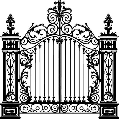 Gothic Gates Entrance, Gates Drawing, Gate Silhouette, Gate Drawing, Gates Of Heaven Tattoo, Victorian Gate, Gothic Gate, Fence And Gate, Unicorn Games