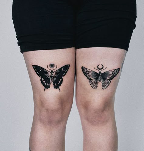 Butterfly Tattoo Placement Ideas Leg, Moth Under Knee Tattoo, Feminine Moth Tattoo, Moth Tattoo Blackwork, Moth Cover Up Tattoo, Traditional Moth Tattoo Black, Moth Tattoo Above Knee, Moth Elbow Tattoo, Moth Thigh Tattoo