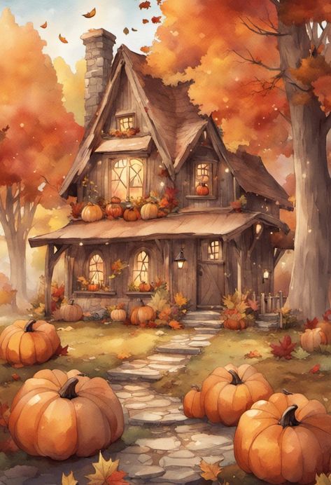 cozy autumn cottage nestled in the woods, surrounded by colorful leaves and pumpkins. The cottage is adorned with fairy lights and rustic decor, giving off a warm and inviting cottagecore aesthetic Autumn Cottage Painting, Pumpkin Carving Illustration, Autumn Cottage Aesthetic, Pumpkin Illustration Autumn, How To Hang Garland On Mantel, Autumn Cottagecore, Fall Cottagecore, Cottagecore Fall, Christmas Garland Mantle