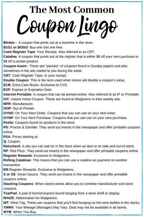 Coupon Lingo Cheat Sheet - Learning coupon lingo is so important if you are learning how to coupon. This coupon lingo cheat sheet makes it easy to understand coupons. ​This couponing guide has everything you need to get started. It tells you how to get coupons, how to use coupons, where to find coupons, how to organize coupons and much more! #wheretofindcoupons #howtogetcoupons #manufacturercoupons #usingcouponstosave #howtocoupon #classcoupons #couponingtips #howtoorganizecoupons Coupon Hacks, How To Coupon, How To Start Couponing, Savings Ideas, Couponing 101, Manufacturer Coupons, Couponing For Beginners, Restaurant Coupons, Money Saving Strategies