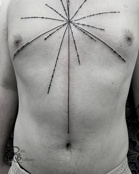 A fine line tattoo on the chest and stomach detailing straight lines and some fine dots and crosslines. #tattoo #tattooideas #tattooinspiration #chesttattoo Line Down Stomach, Tattoo In Back, Upper Body Tattoo, Stomach Line, Straight Lines Tattoo, Lines Tattoo, Henna Stencils, Fine Line Tattoo, Body Tattoo