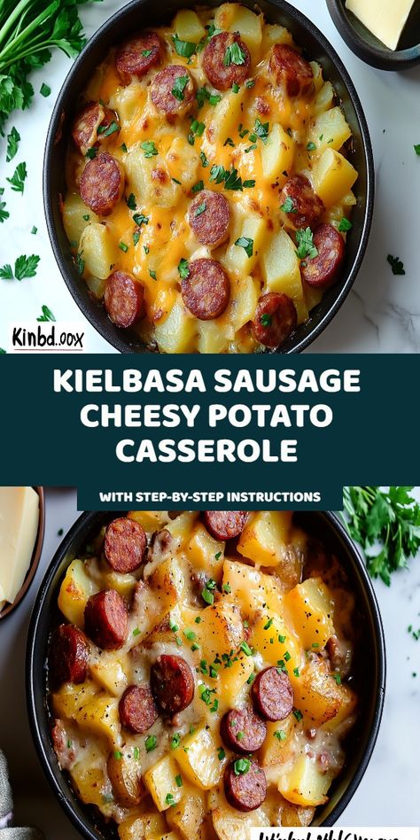 Kielbasa sausage potato casserole, cheesy kielbasa potato bake, easy kielbasa casserole recipe, kielbasa cheesy potato dinner, sausage potato casserole with cheese, creamy kielbasa potato bake Cheesy Kielbasa And Potatoes, Cheesy Potato Casserole, Kielbasa Sausage, Cheesy Potato, Cheesy Casserole, Hearty Casseroles, Cheesy Potatoes, Kielbasa, Potato Casserole