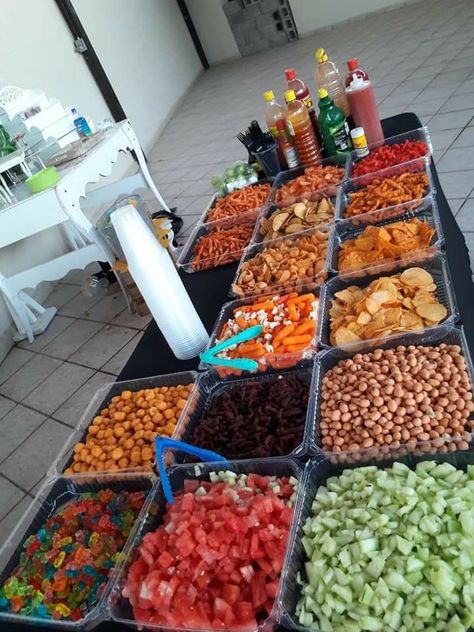 Chamoy Snack Table, Mexican Chip Party Table, Mexican Candy Dessert Table, Mexican Theme Fruit Table, Fiesta Snack Table, Florclorico Dress, Snack Table For Quinceanera, Chamoy Table For Party, Chamoy Candy Table Ideas