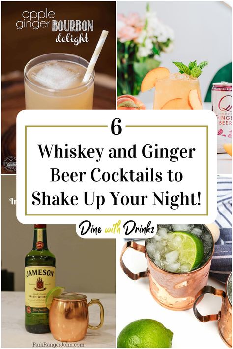 Collage of 4 whiskey and ginger beer cocktails. Whisky Ginger Cocktail, Whiskey And Ginger Beer, Whiskey Ginger Beer Cocktail, Cocktails With Ginger Beer, Bourbon And Ginger Beer, Ginger Beer Cocktail Recipes, Burbon Drinks, Acholic Drinks, Beer Mixed Drinks