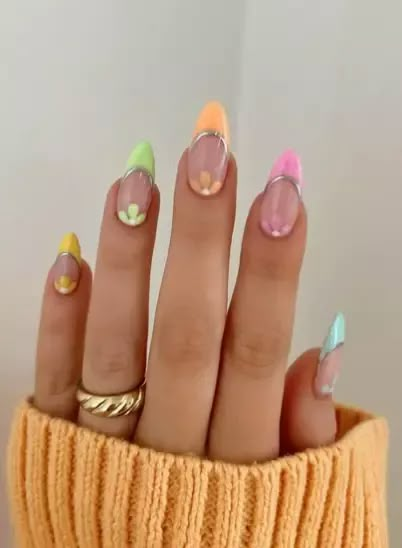 Easter Nails Flowers, Spring Nails 2023 Ballerina, Flower Easter Nails, Easter Floral Nails, Easternails Pastel Nails, Easter Aesthetic Nails, French Easter Nails, Easter Nails Design Spring Simple, Aesthetic Easter Nails