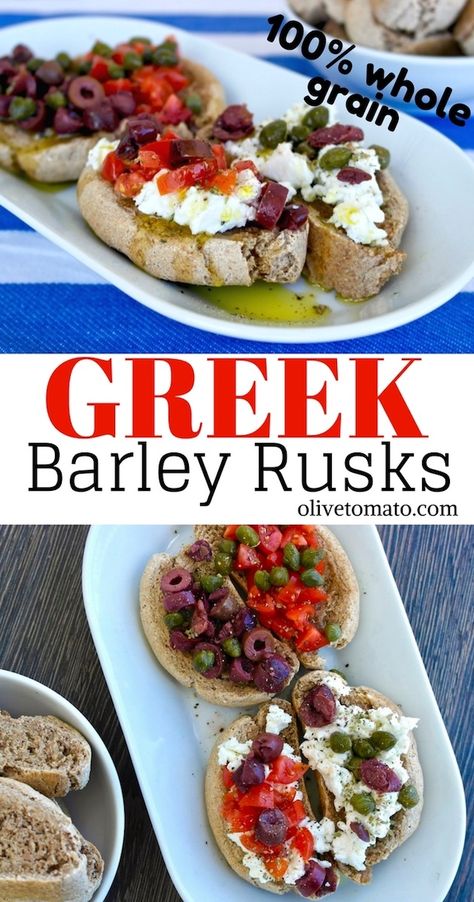 Authentic Greek Barley Rusk recipe. 100% whole grain, a #Mediterraneandiet staple. #vegan Perfect for Greek style bruschetta #greekfood #crete Dakos Recipe, Dakos Greek, Greek Sides, Eating Mediterranean, Mediterranean Bread, Olive Tomato, Rusk Recipe, Mediterranean Cooking, Med Diet