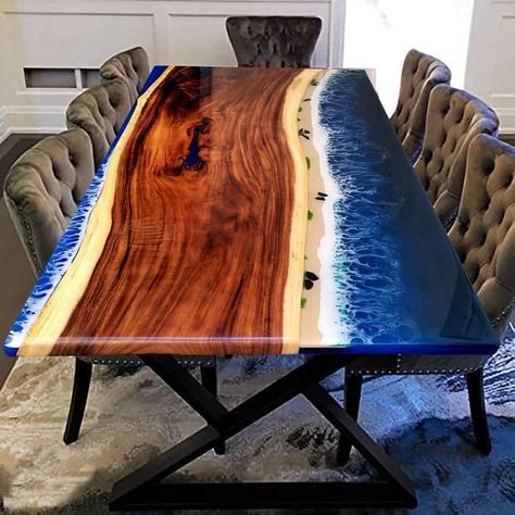 Epoxy Resin Dinning Table | Ocean Table Custization Available. DM for Any Inquiry. Ocean Resin Table, Blue Resin Table, Resin Table Ideas Kitchen & Dining Tables, Live Edge Dining Table With Blue Epoxy, Resin Ocean Table Top, Ocean Table, Kitchen Slab, Resin River Table, Epoxy Wood Table