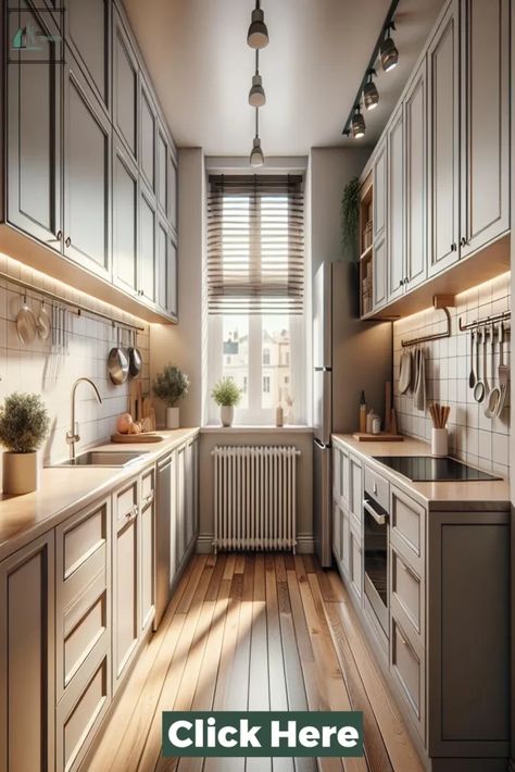 Extend Galley Kitchen, Galley Kitchen Blank Wall, Long Narrow Galley Kitchen, House Plans With Galley Kitchens, Kitchen Galley Ideas, Small Galley Kitchen Ideas Narrow Layout, Double Galley Kitchen Layout Ideas, Small Parallel Kitchen, Hallway Kitchen Ideas