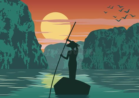 Man row boat to go to come back home by pass Ha long bay famous landmark of Vietnam ,vintage color vector illustration Vietnam Art Design, Sailor Illustration, Chinese Boat, Vietnam Painting, Drawing Sunset, Vietnam Tattoo, Boat Tattoo, Boat Illustration, Ancient Drawings