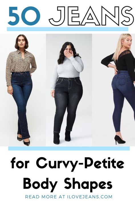 50 new jean styles for Curvy Petite body shapes for Fall! Autumn Outfits Petite Curvy, How To Style Curvy Petite, Best Jeans For Short And Curvy, Curvy Denim Outfit, Best Jeans For Plus Size Petite, Curvy And Petite Outfits, Curvy Jeans Outfit Casual, Plus Petite Outfits, Curvy Straight Leg Jeans Outfit