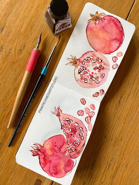 Pomegranate Illustration, Skulls Animal, Pomegranate Watercolor, Pomegranate Drawing, Fruit Drawings, Painting Of Fruit, Watercolour Fruit, Watercolor Pomegranate, Fruits Watercolor