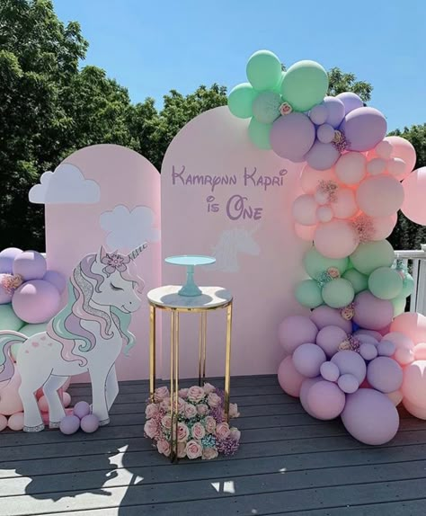 1st Bday Unicorn Theme, Unicorn Arch Backdrop, Unicorn Themed Birthday Party Backdrop, Unicorn Birthday Backdrop Ideas, Unicorn Birthday Balloons, Unicorn 1st Birthday Party Ideas, Unicorn Balloon Decorations, 1st Birthday Unicorn Theme, Unicorn Theme Birthday Decoration