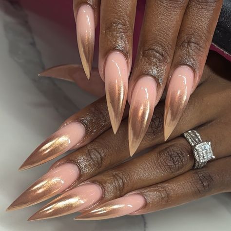 Gold chrome ombré ✨🌟 . . . . . . . . . #nails #lasvegasnailtech #lasvegasnails #nailtech #nailtechlife #naillife #acrylicnails #acrylicnaildesign #nailsnailsnails #naildesign #nailaddict Foil Ombre Nails, Gold Chrome Ombre Nails, Pretty Stiletto Nails, Chrome Ombré Nails, Fall Stiletto Nails, Ombre Chrome Nails, Las Vegas Nails, Ombré Nails, Chrome Nails Designs