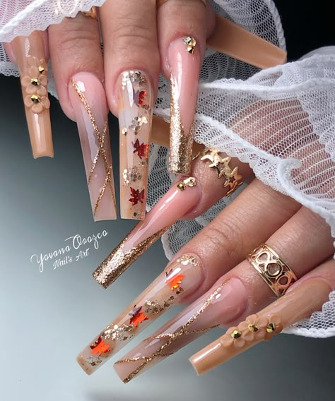 Fall Long Square Acrylic Nails, Fall Time Nails Acrylic, Clear Fall Nail Designs, Fall Nail Designs Long Nails, November Bday Nails, Autumn Nail Aesthetic, Fall Nail Designs November, Fall Nails Long Almond, Glam Fall Nails