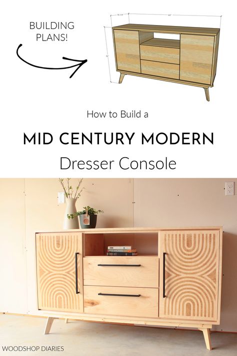 Mid Century Modern Dresser Diy, Midcentury Modern Furniture Diy, Build Your Own Credenza, Build A Media Console, Diy Mid Century Modern Sideboard, Diy Sideboard With Drawers, Mcm Diy Furniture, Diy Wood Tv Console, Diy Mid Century Modern Furniture Plans