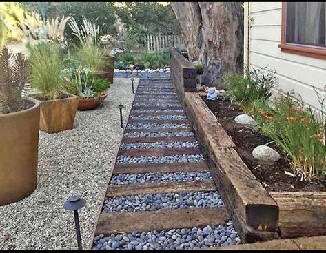 Railroad Ties Landscaping, Rock Walkway, Sleepers In Garden, Kolam Koi, Railroad Ties, River Rock Landscaping, Front Garden Landscape, Home Landscaping, Garden Pathway