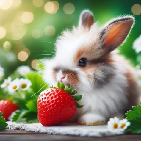 BUNNY AND STRAWBERRIES Bunny Eating Strawberry, Eating Strawberry, Bunny Eating, Tattoos Inspo, Strawberries, Baby Animals, Humor, Tattoos