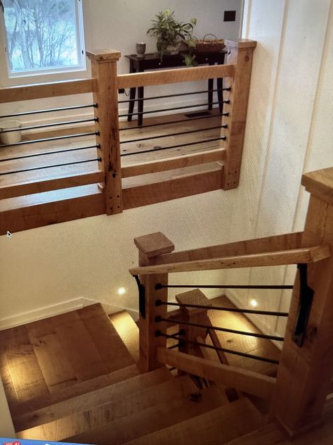 Loft Ballisters, Barndominium Stair Railing, Balcony Railing Interior, Interior Balcony Railing, Barn Fireplace, Stairway Railing Ideas, Under Stairs Cupboard Storage, Timber Frame Interior, Tiny House Storage Ideas