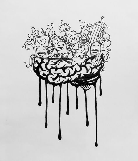 Inside Brain Art, Messy Brain Art, Melting Brain Tattoo, Brain Waves Art, Overthinking Doodle Art, Brain Overthinking Art, Brain Drawing Aesthetic, Brain Drawing Creative, Cartoon Brain Drawing