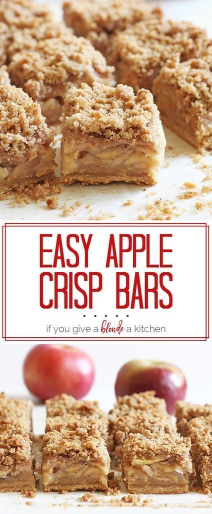 The apple crisp bars are so easy to make and the crumble is delicious! A must-try fall dessert recipe. | www.ifyougiveablondeakitchen.com Fall Dessert Recipes Apple Easy, Award Winning Apple Recipes, Fall Sheet Pan Desserts, Dessert For 4 People, Red Delicious Apple Recipes, Apple Crisp Bars, Apple Crisp Bars Recipe, Healthy Apple Desserts, Easy Apple Crisp