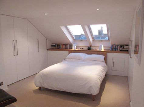 Soundhouse loft conversion Bedroom Mansarda, Loft Conversion Ideas Layout Floor Plans, Master Suite Attic, Loft Conversion Bedroom, Attic Decor, Attic Wardrobe, Attic Studio, Slanted Walls, Attic Bedroom Designs